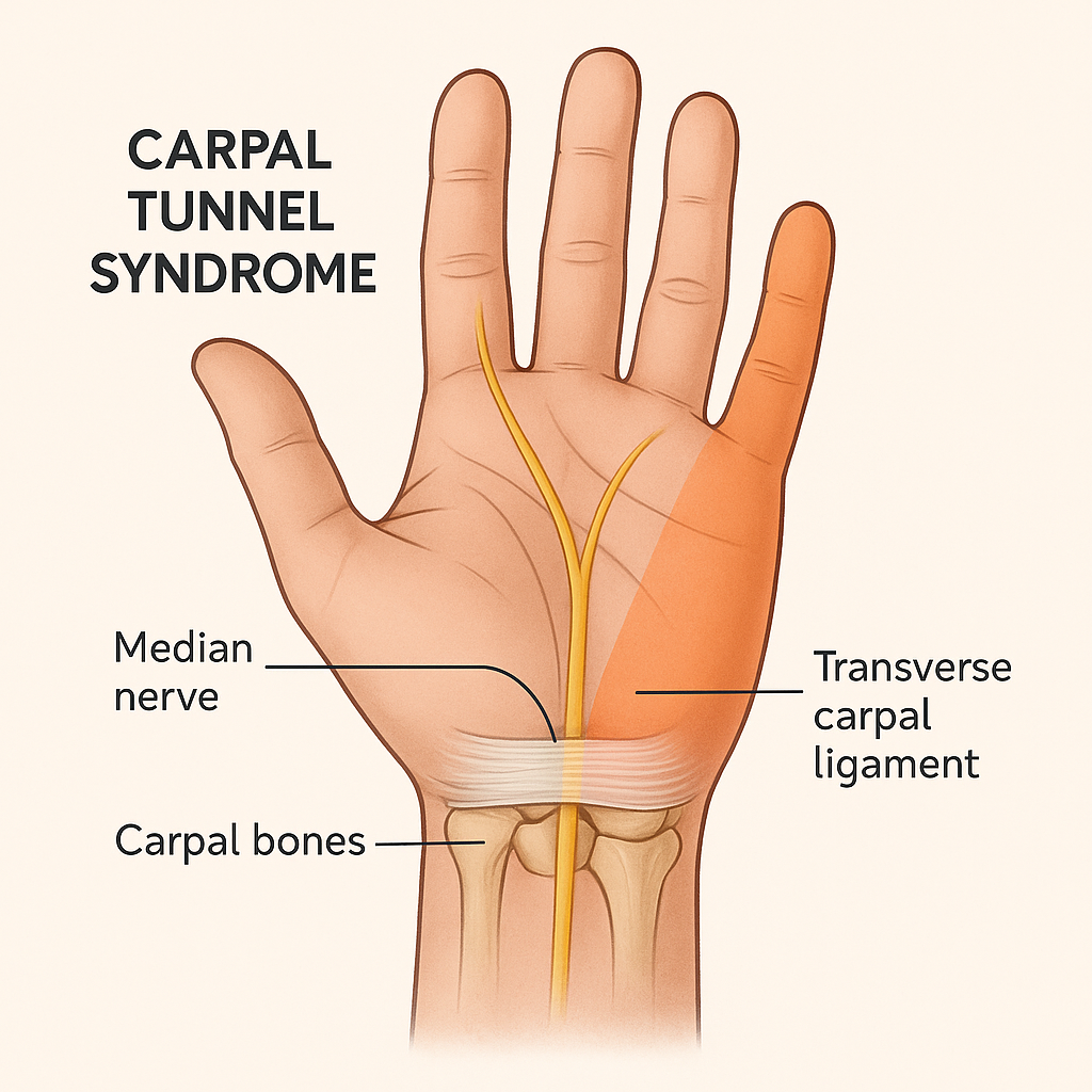 Anatomical diagram of hand showing median nerve and carpal tunnel structures