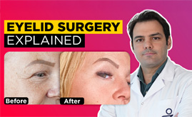 Médecin montrant une blépharoplastie, chirurgie des paupières avant et après. Couverture de vidéo YouTube.