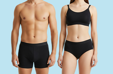 Male and female models showing toned results after body aesthetics procedures in Turkey, standing side by side.