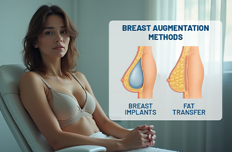 Woman considering breast augmentation with infographic comparing breast implants and fat transfer methods