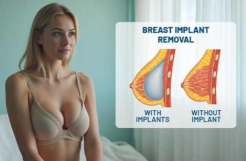 Woman before breast implant removal with diagram showing breast profile with and without implants