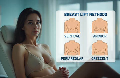 Woman before breast lift surgery with diagram of vertical, anchor, periareolar, and crescent incision methods