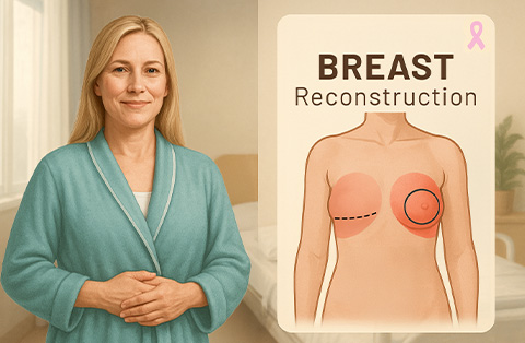 Smiling woman in teal robe beside diagram showing breast reconstruction using grafting and 3D nipple-areola tattooing