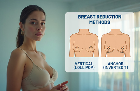Woman considering breast reduction with illustration of vertical and anchor incision methods