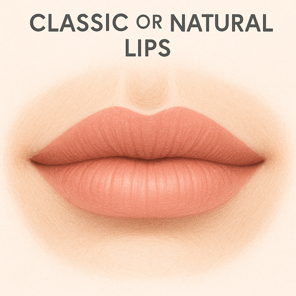 Illustration de la forme de lèvre classique naturelle avec un arc de Cupidon équilibré et un volume subtil et uniforme après l'augmentation des lèvres.