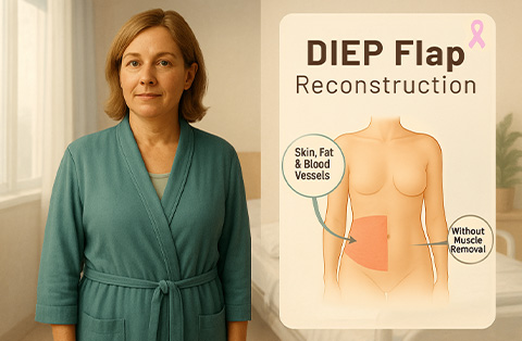 Woman in teal robe standing next to medical diagram explaining DIEP flap breast reconstruction without muscle removal