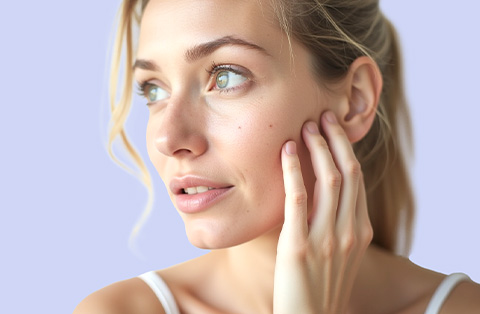 Young woman with clear skin and defined facial features after facial aesthetics treatment in Turkey, gently touching her cheek.