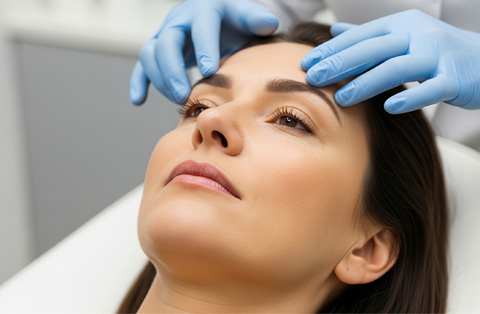 Female patient receiving facial evaluation by plastic surgeon before cosmetic surgery procedure