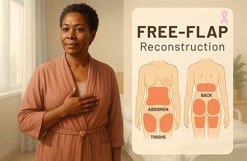 Woman in pink robe beside medical diagram showing donor areas for free-flap breast reconstruction from abdomen, thighs, and back