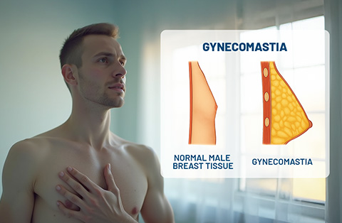 Comparison of normal male breast tissue and gynecom0astia in men, showing enlarged male chest due to hormonal imbalance gynecomastia surgery in Turkey