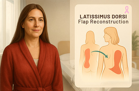 Woman in red robe next to diagram showing latissimus dorsi flap breast reconstruction using tissue from the back