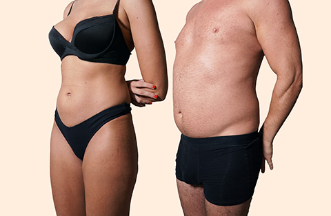 Man and woman showing body shapes before or after cosmetic contouring procedures