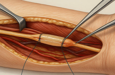 Illustration of nerve graft surgery showing precise repair of damaged nerve in the arm with surgical tools.  