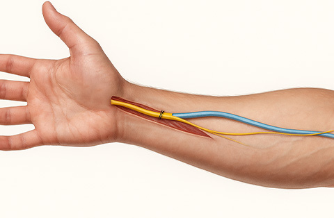 Illustration of nerve transfer surgery in the arm showing healthy nerve restoring function after nerve damage
