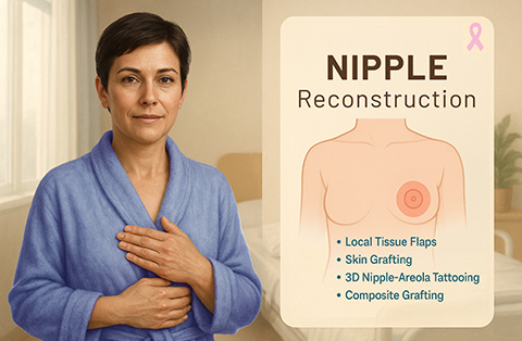 Woman in blue robe beside diagram showing nipple reconstruction options including flaps, skin grafting, and 3D tattooing