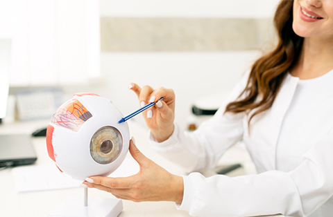 Ophthalmologist pointing at eye model to explain PRK (photorefractive keratectomy) laser vision-correction surgery