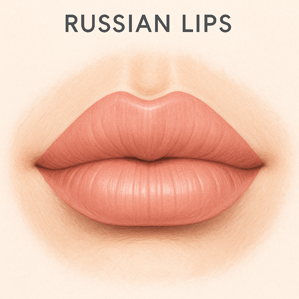 Illustration de la forme de comblement des lèvres russes, montrant un arc de Cupidon plat et une hauteur verticale relevée après l'augmentation.