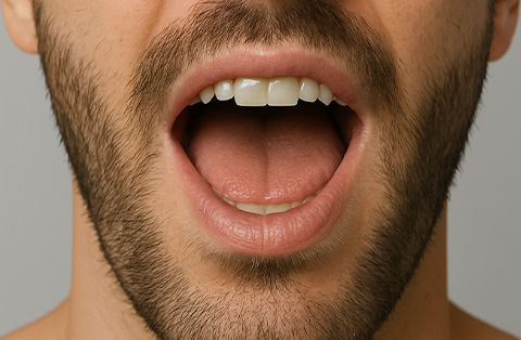 Close-up of a mans open mouth showing the tongue and teeth before tongue reconstruction surgery in Turkey