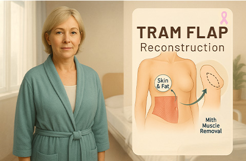 Patient after TRAM flap breast reconstruction stands beside illustration showing abdominal tissue used to rebuild breast.	