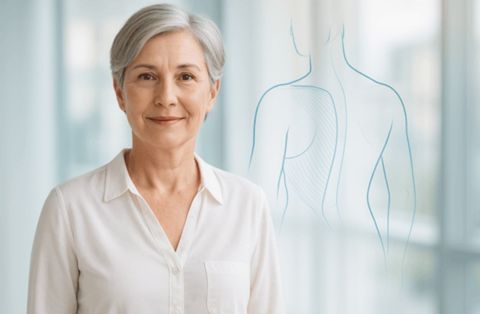 Smiling mature woman after latissimus dorsi flap breast reconstruction with anatomical diagram