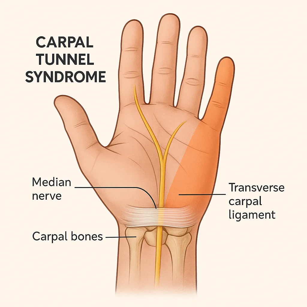 Anatomical diagram of hand showing median nerve and carpal tunnel structures