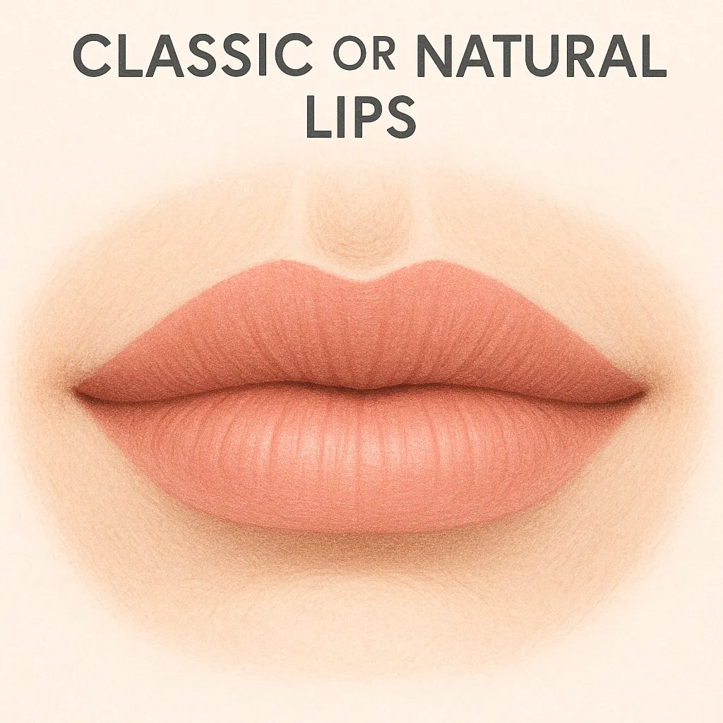 Illustration de la forme de lèvre classique naturelle avec un arc de Cupidon équilibré et un volume subtil et uniforme après l'augmentation des lèvres.