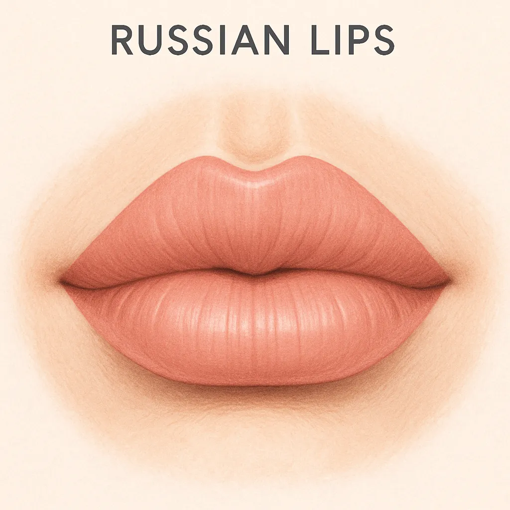 Illustration de la forme de comblement des lèvres russes, montrant un arc de Cupidon plat et une hauteur verticale relevée après l'augmentation.